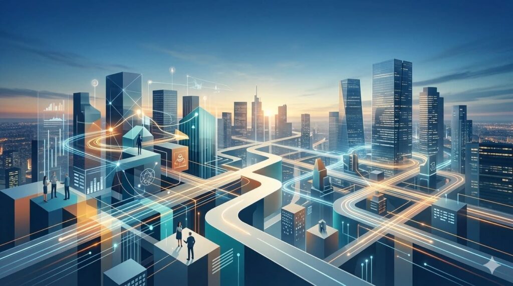 Leadership, Processi e AI. Immagine con grattacieli e connessioni digitali/virtuali/reali
